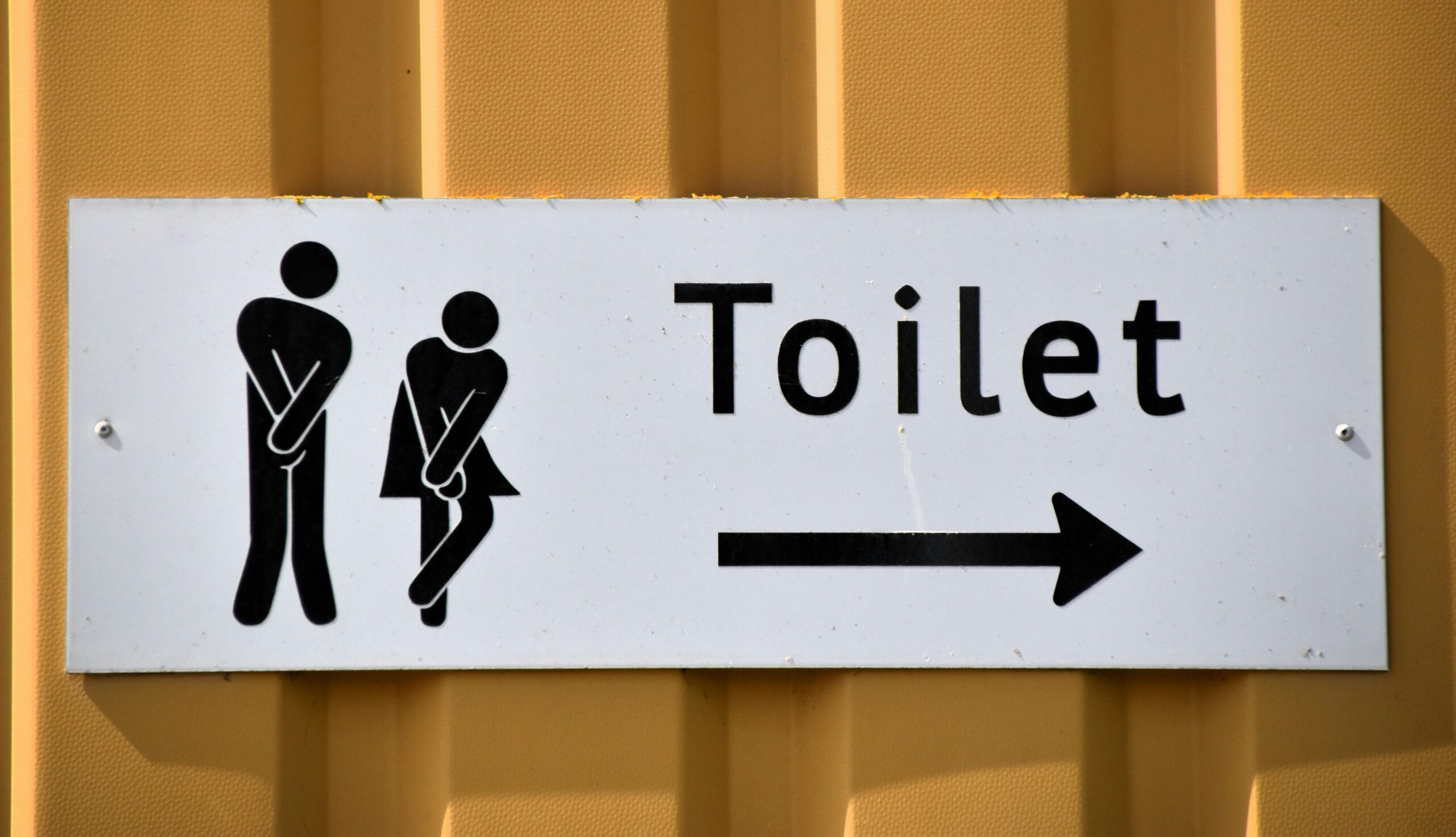 A funny toilet sign with male and female symbols pointing direction outdoors.